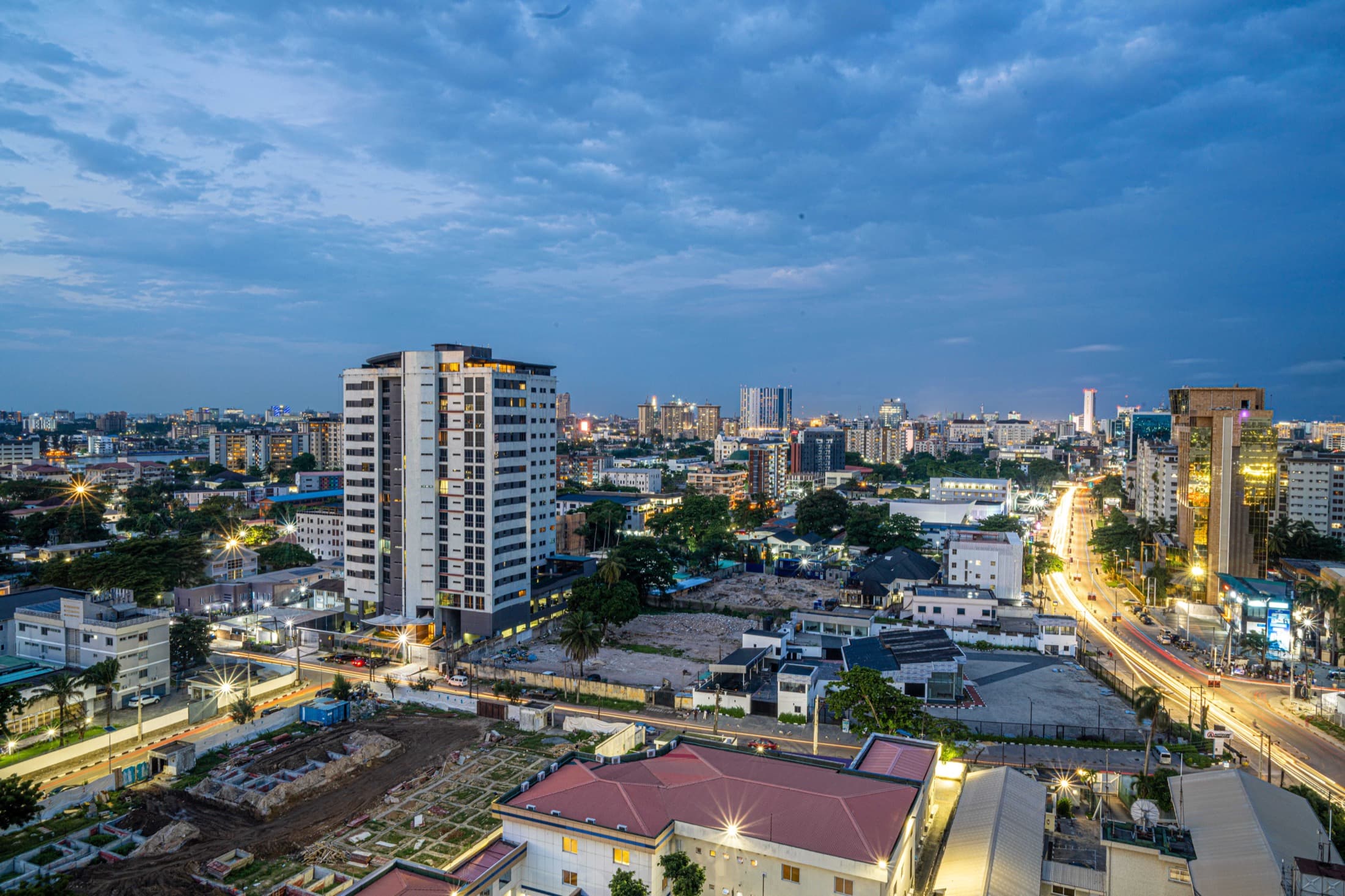 City skyline at dusk with Savetown tower