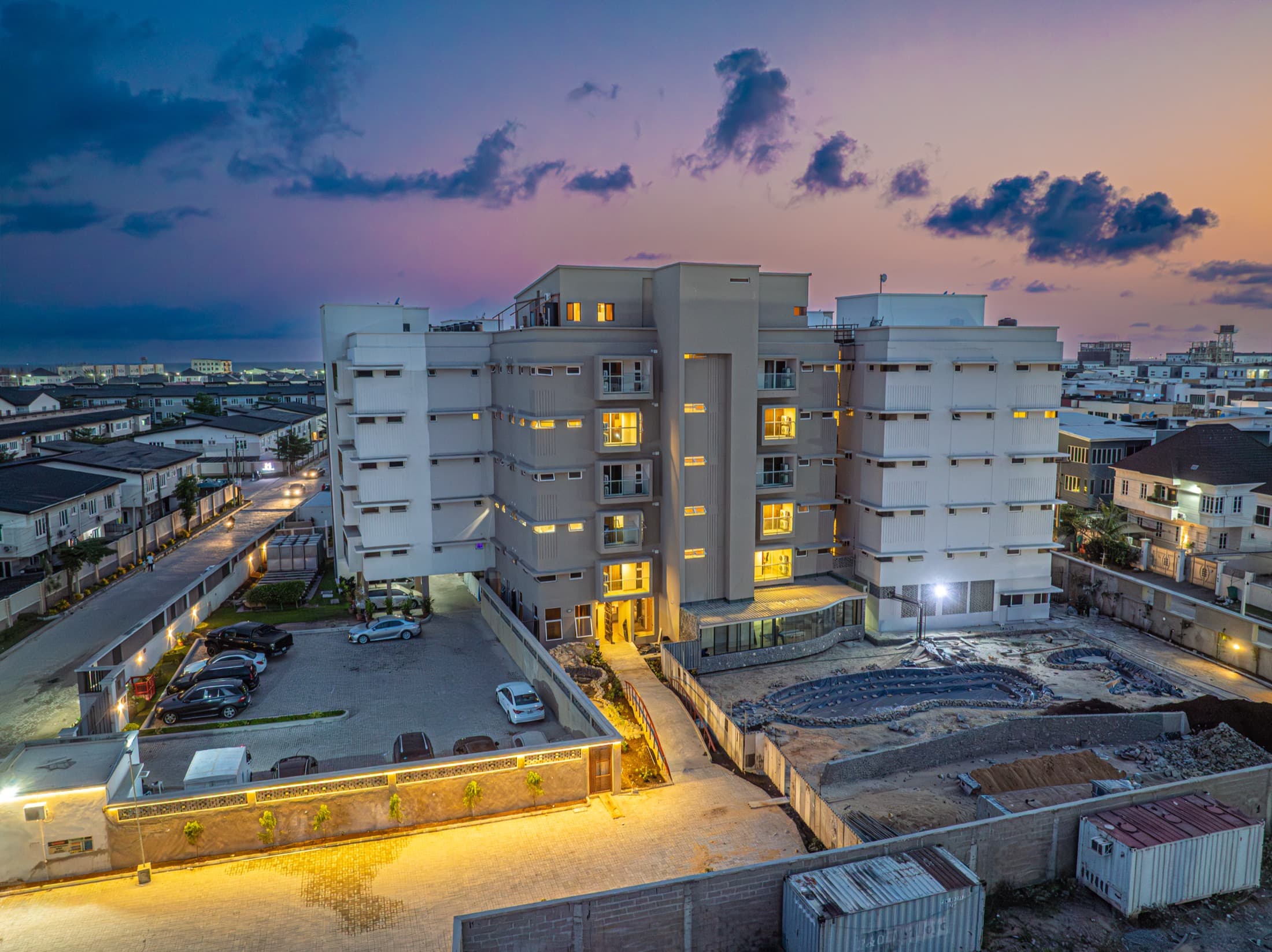 Canalily Place building at sunset