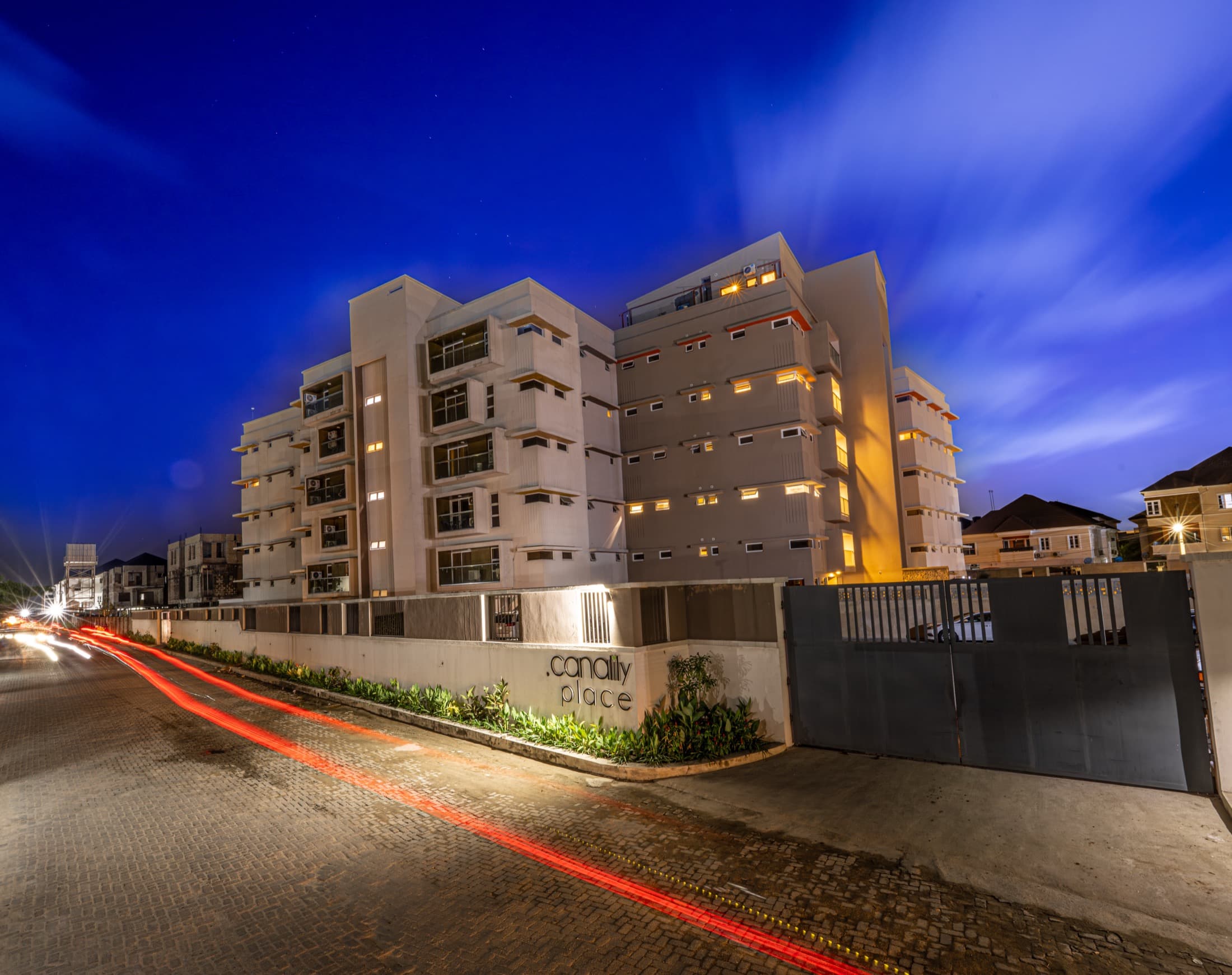 Canalily Place at night with light trails